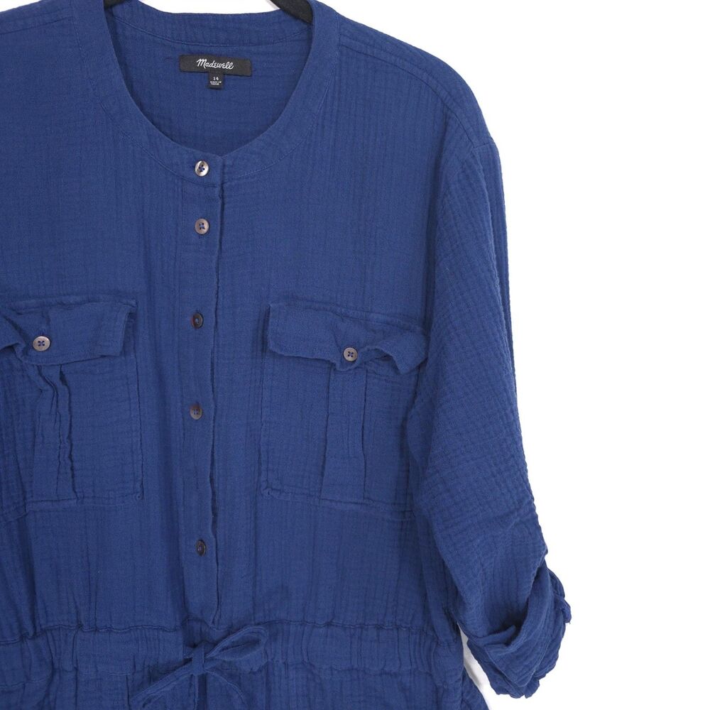 MADEWEL Blue 100% Cotton Jumpsuit Utility Button Front Pockets Women's 14 - Picture 11 of 15